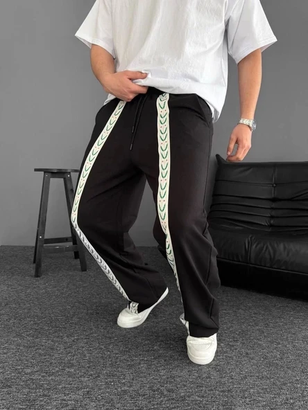 İki İplik Kumaş Şeritli Alt Esofman - Siyah ürün görseli 1