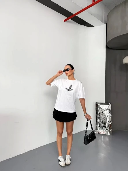 Kısa Kol Baskılı T-shirt - Beyaz - Resim 5