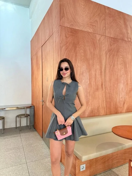 Bağcık detaylı Kolsuz Mini Elbise - Antrasit - Resim 5