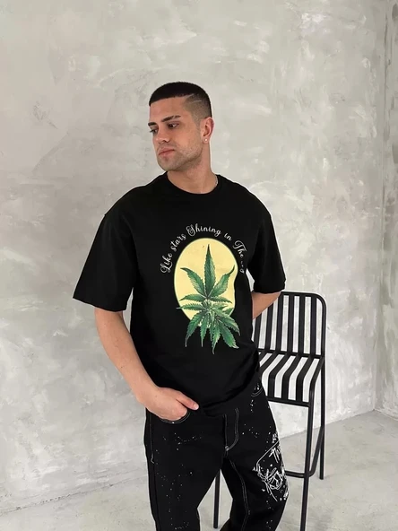 Ön ve Arka Baskılı Oversize Bisiklet Yaka T-shirt- Siyah - Resim 2