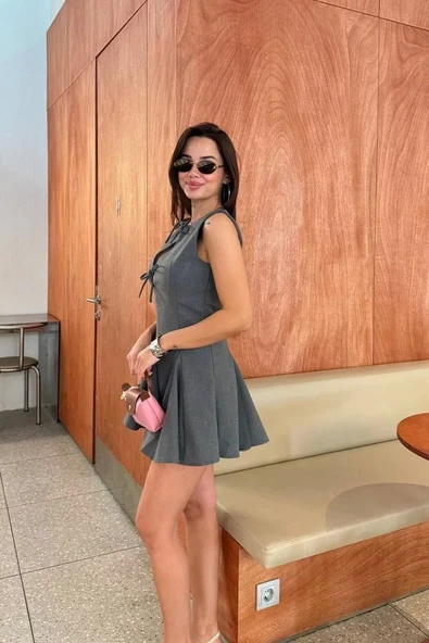 Bağcık detaylı Kolsuz Mini Elbise - Antrasit - Resim 6