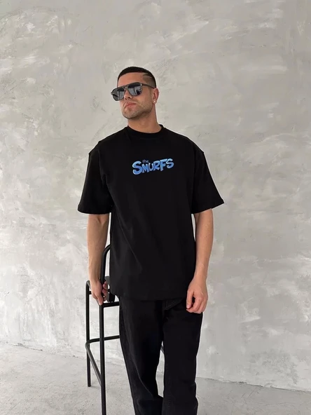 Ön ve Arka Baskılı Oversize Bisiklet Yaka T-shirt- Siyah ürün görseli