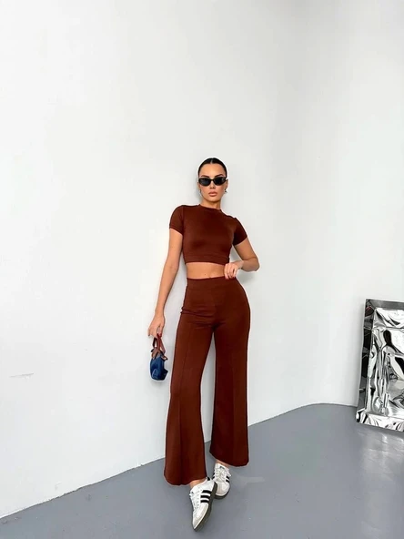 Osy Modal Yumuşak Dokulu Kumaş Kısa Kollu Crop Alt ispanyol Paça Pantalon ikili Takım - Kahverengi ürün görseli 1