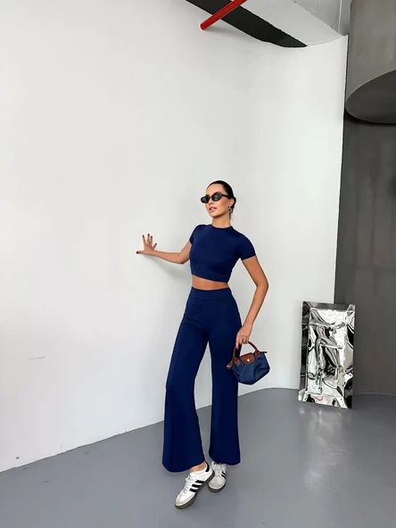 Osy Modal Yumuşak Dokulu Kumaş Kısa Kollu Crop Alt ispanyol Paça Pantalon ikili Takım - Lacivert - Resim 2