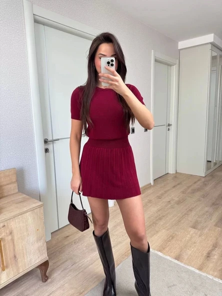 Kısa Kollu Bluz Mini Etekli ikili Takım Triko - Bordo - Resim 3