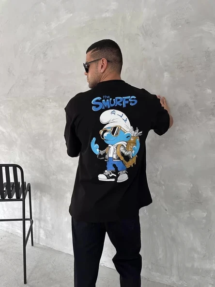 Ön ve Arka Baskılı Oversize Bisiklet Yaka T-shirt- Siyah - Resim 4