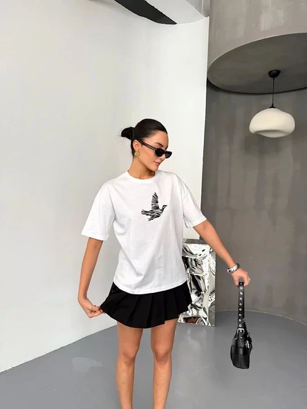 Kısa Kol Baskılı T-shirt - Beyaz - Resim 3