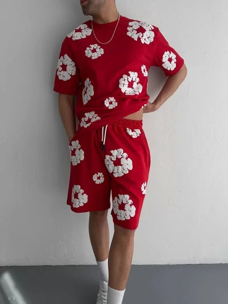 İki İplik Kumaş Baskılı T-shirt Şortlu Takım- Kırmızı - Resim 4