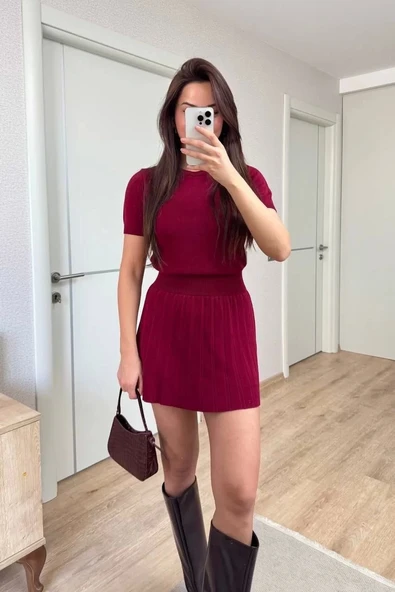 Kısa Kollu Bluz Mini Etekli ikili Takım Triko - Bordo ürün görseli 1