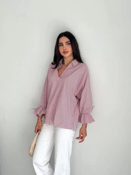 Kadın Arkası Asimetrik Yırtmaç Kesim Detaylı Cizgili Bluz Gömlek - Bordo - Resim 6