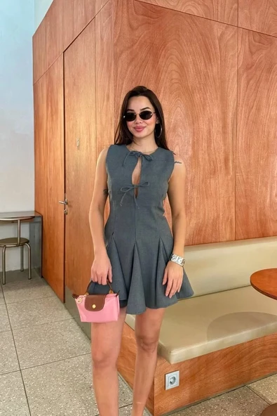 Bağcık detaylı Kolsuz Mini Elbise - Antrasit - Resim 7