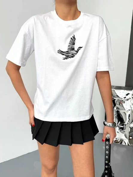 Kısa Kol Baskılı T-shirt - Beyaz - Resim 6