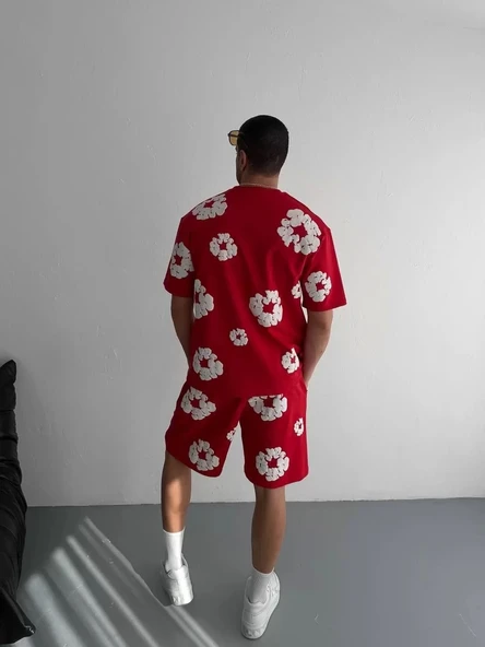 İki İplik Kumaş Baskılı T-shirt Şortlu Takım- Kırmızı ürün görseli 1