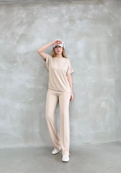 Osy Modal Yumuşak dokulu Kumaş Bisiklet Yaka Kısa Kollu Takım - Bej - Resim 4