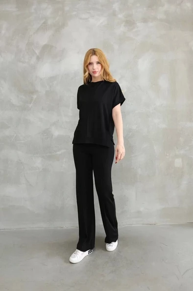 Osy Modal Yumuşak dokulu Kumaş Bisiklet Yaka Kısa Kollu Takım - Siyah ürün görseli 1