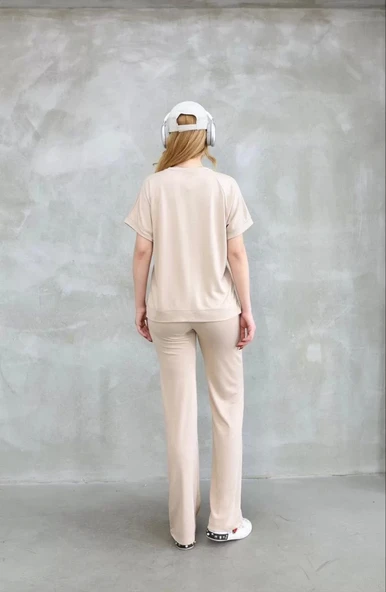 Osy Modal Yumuşak dokulu Kumaş Bisiklet Yaka Kısa Kollu Takım - Bej - Resim 3