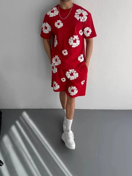 İki İplik Kumaş Baskılı T-shirt Şortlu Takım- Kırmızı - Resim 2