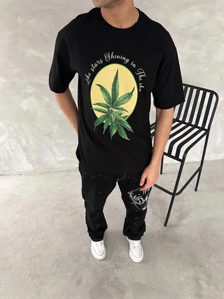 Ön ve Arka Baskılı Oversize Bisiklet Yaka T-shirt- Siyah - Resim 3