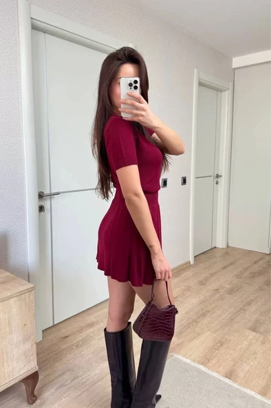 Kısa Kollu Bluz Mini Etekli ikili Takım Triko - Bordo - Resim 2