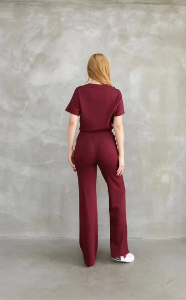 Osy Modal Yumuşak dokulu Kumaş Bisiklet Yaka Parçalı detaylı Kısa Kollu Takım - Bordo - Resim 2