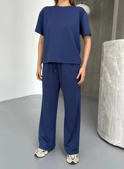 Osy Modal Yumuşak Dokulu Kumaş Kısa Kollu Bluz Rahat Pantalon ikili Takım- Lacivert - Resim 5