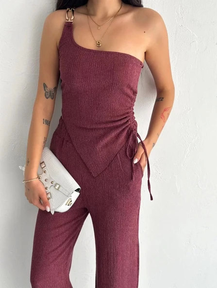 Asimetrik Crop Pantalon ikili Takım - Gül Kurusu - Resim 3