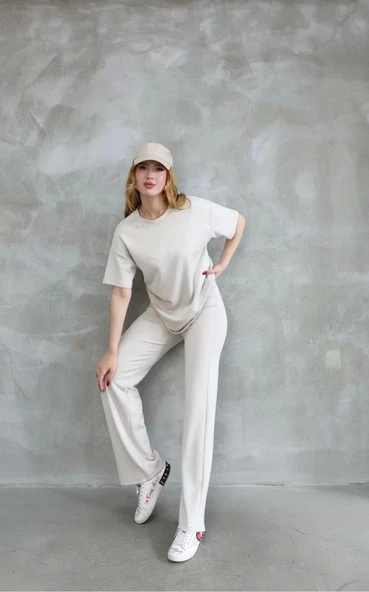 Osy Modal Yumuşak dokulu Kumaş Bisiklet Yaka Taş detaylı Kısa Kollu Takım - Kırık Beyaz - Resim 3