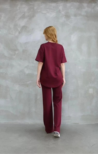 Osy Modal Yumuşak dokulu Kumaş Bisiklet Yaka Taş detaylı Kısa Kollu Takım - Bordo - Resim 2