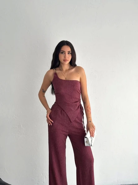 Asimetrik Crop Pantalon ikili Takım - Gül Kurusu - Resim 4