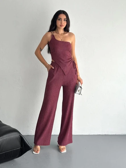 Asimetrik Crop Pantalon ikili Takım - Gül Kurusu - Resim 5