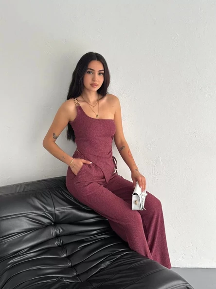 Asimetrik Crop Pantalon ikili Takım - Gül Kurusu ürün görseli 1