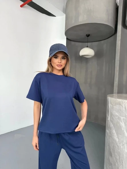 Osy Modal Yumuşak Dokulu Kumaş Kısa Kollu Bluz Rahat Pantalon ikili Takım- Lacivert - Resim 4