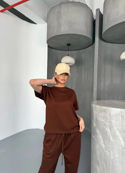 Osy Modal Yumuşak Dokulu Kumaş Kısa Kollu Bluz Rahat Pantalon ikili Takım- Kahverengi ürün görseli 1