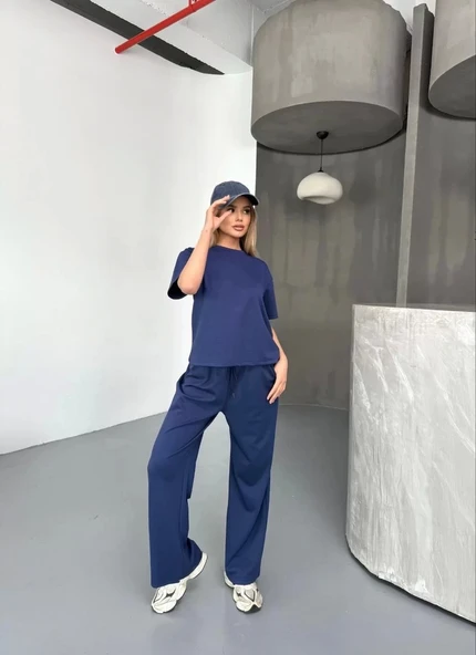 Osy Modal Yumuşak Dokulu Kumaş Kısa Kollu Bluz Rahat Pantalon ikili Takım- Lacivert ürün görseli 1