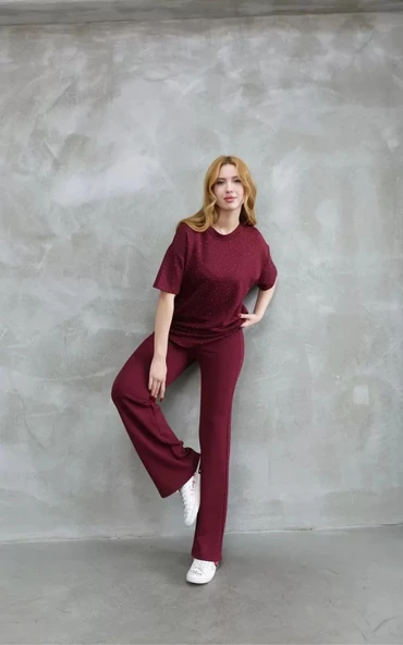 Osy Modal Yumuşak dokulu Kumaş Bisiklet Yaka Taş detaylı Kısa Kollu Takım - Bordo - Resim 3
