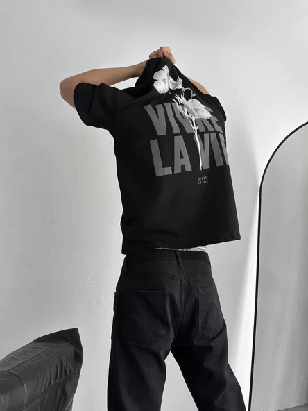 Baskılı Oversize Bisiklet Yaka T-shirt - Siyah ürün görseli 1