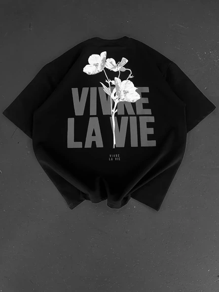 Baskılı Oversize Bisiklet Yaka T-shirt - Siyah - Resim 3