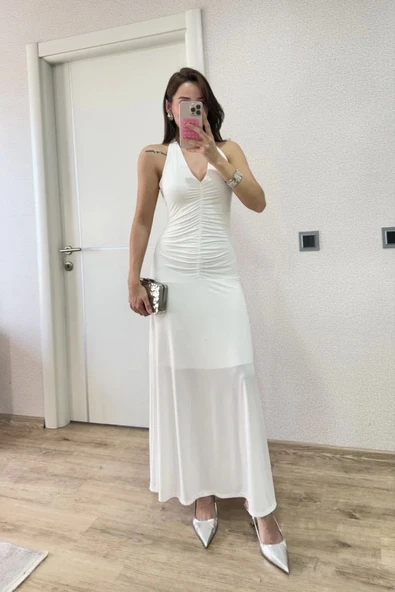 Sırt dekolteli Uzun Elbise - Beyaz ürün görseli 1