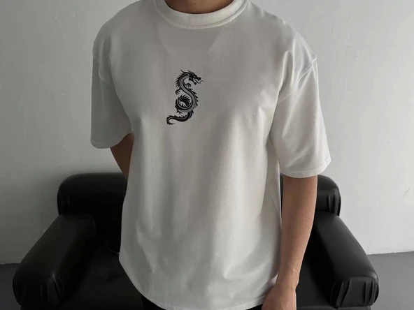 Baskılı Oversize Bisiklet Yaka T-shirt - Beyaz - Resim 2