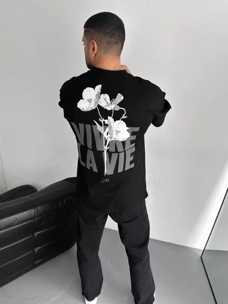 Baskılı Oversize Bisiklet Yaka T-shirt - Siyah - Resim 5