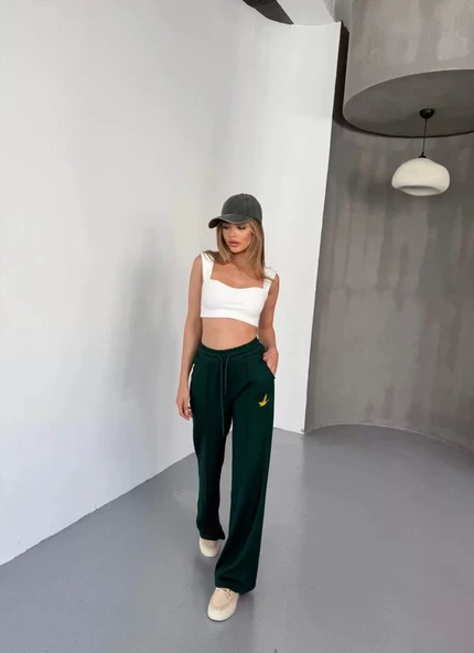 Osy Modal Yumuşak Dokulu Kumaş Nakış işlemeli Rahat Bol Paça Eşofman Pantalon - Yeşil ürün görseli 1