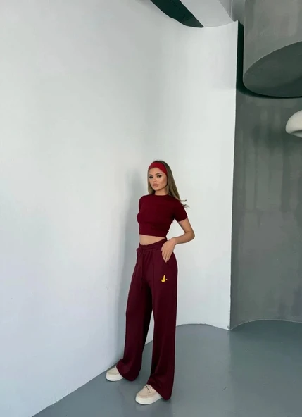 Osy Modal Yumuşak Dokulu Kumaş Nakış işlemeli Rahat Bol Paça Eşofman Pantalon - Bordo - Resim 5