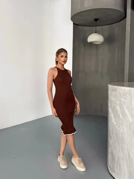 Fırfır Detaylı Triko Elbise- Kahverengi ürün görseli 1