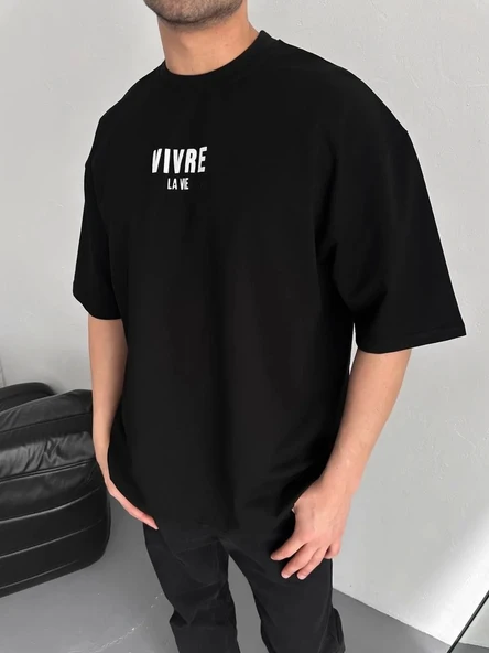 Baskılı Oversize Bisiklet Yaka T-shirt - Siyah - Resim 6