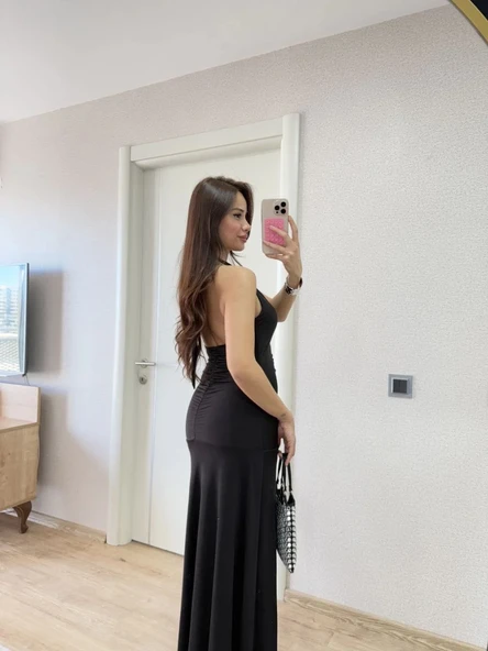 Sırt dekolteli Uzun Elbise - Siyah - 2