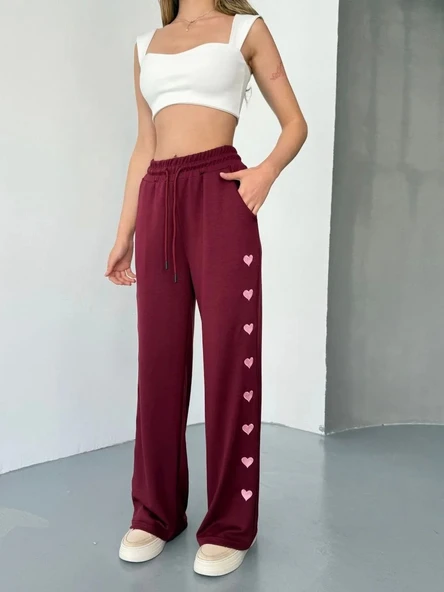 Osy Modal Yumuşak Dokulu Kumaş Nakış işlemeli Rahat Bol Paça Eşofman Pantalon - Bordo - Resim 2