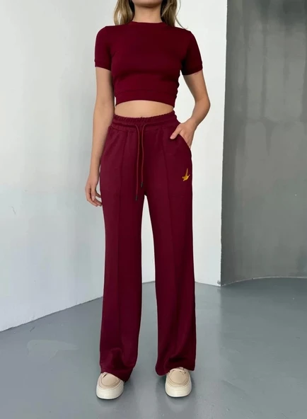 Osy Modal Yumuşak Dokulu Kumaş Nakış işlemeli Rahat Bol Paça Eşofman Pantalon - Bordo - Resim 6