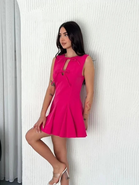Göğüs Bağlamalı Kolsuz Mini Boy Elbise - Pembe - Resim 5