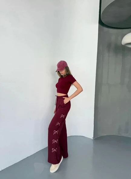 Osy Modal Yumuşak Dokulu Kumaş Nakış işlemeli Rahat Bol Paça Eşofman Pantalon - Bordo ürün görseli 1