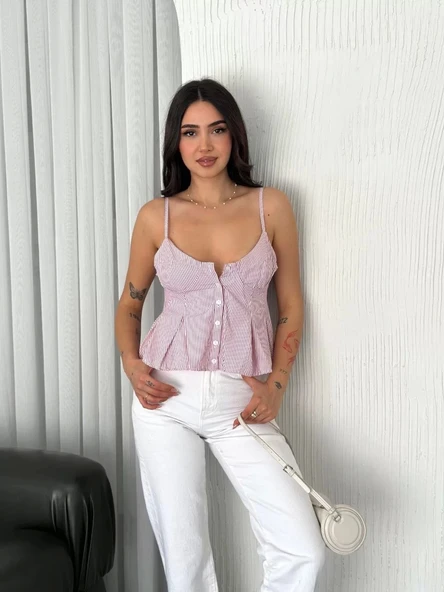 Askılı Dekolte deraylı crop - Kırmızı - Resim 2